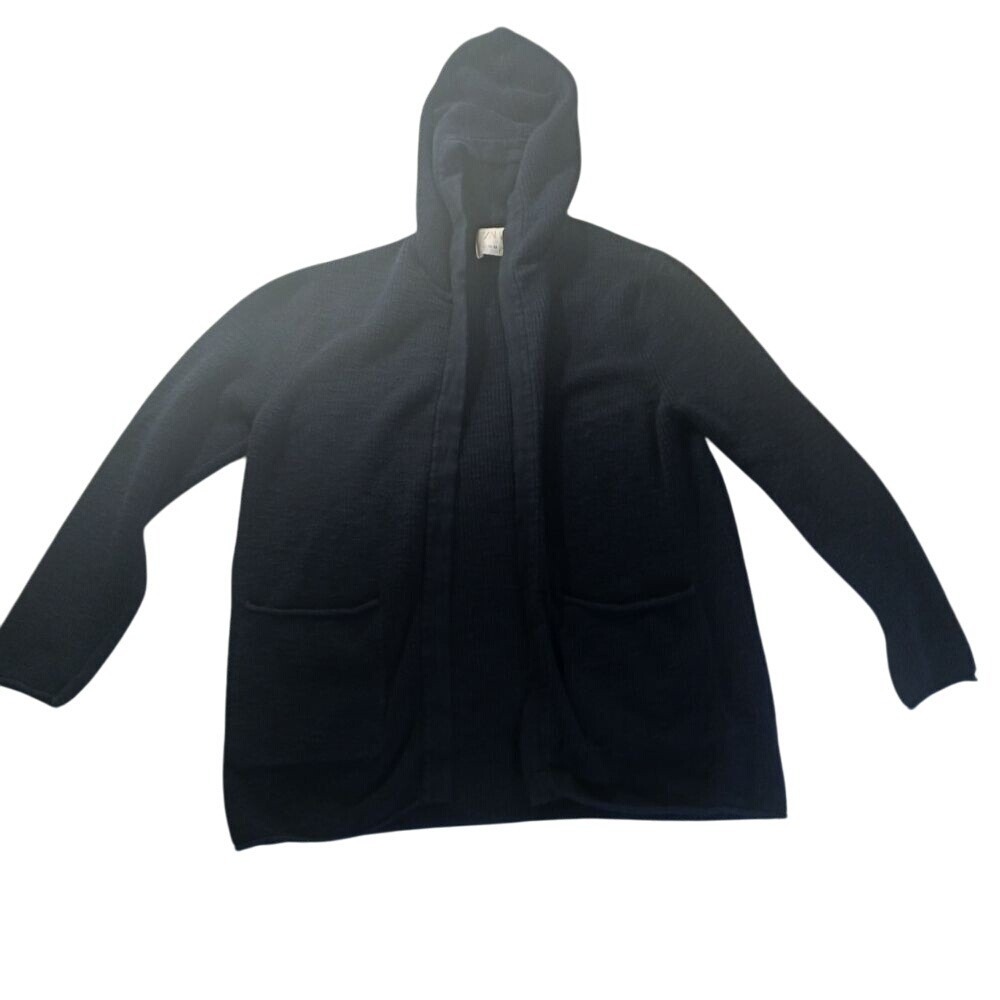 Zara Hooded Open Front Cardigan 3471/664 Womens 11/12 M Navy Blue Cotton Fall